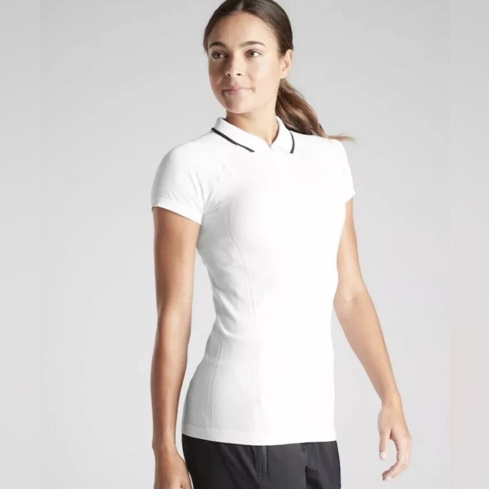 Athleta Momentum White Short Sleeve Polo Tee Shirt Seamless Golf Tennis Medium